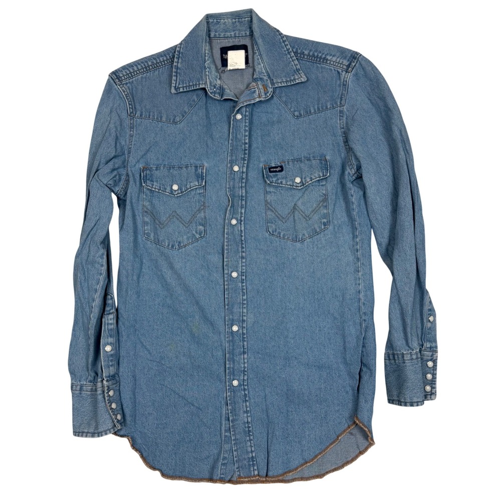 Wrangler Denim Western Shirt S 20in Pearl Snap Light Wash Cotton Cowboy Rugged